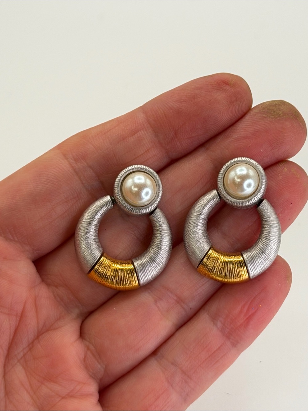 Vintage Money Pearl Accent Two-Tone Hoop Drop Earrings - Silver & Gold